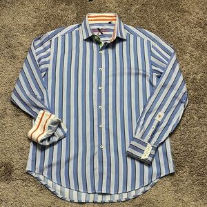 ROBERT GRAHAM Men's Long Sleeve Button Down Shirt Stripe Cuff Embroidery Size L